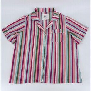Print Fresh Organic Cotton Striped Pajama Top M Pink Button Front Short Sleeve